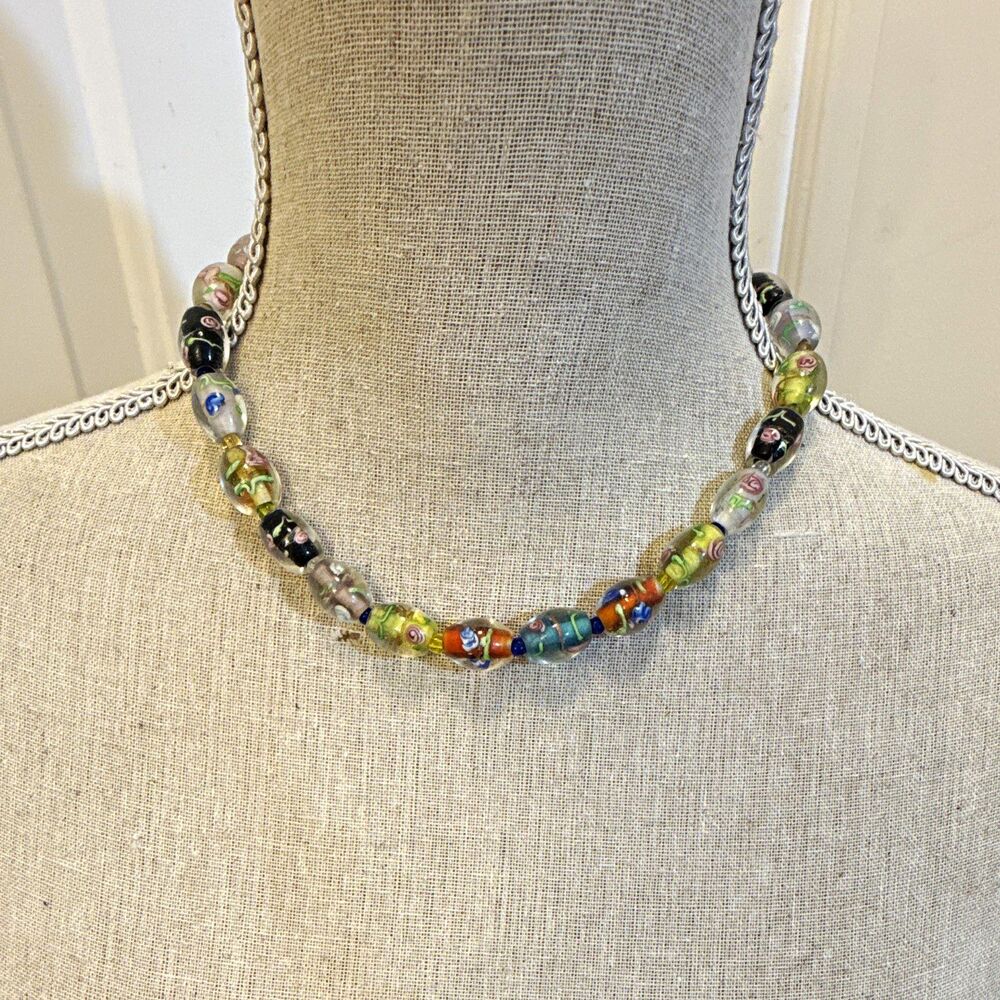 Handcrafted Multicolor Glass Oval Beaded Statement Necklace 18 in Toggle